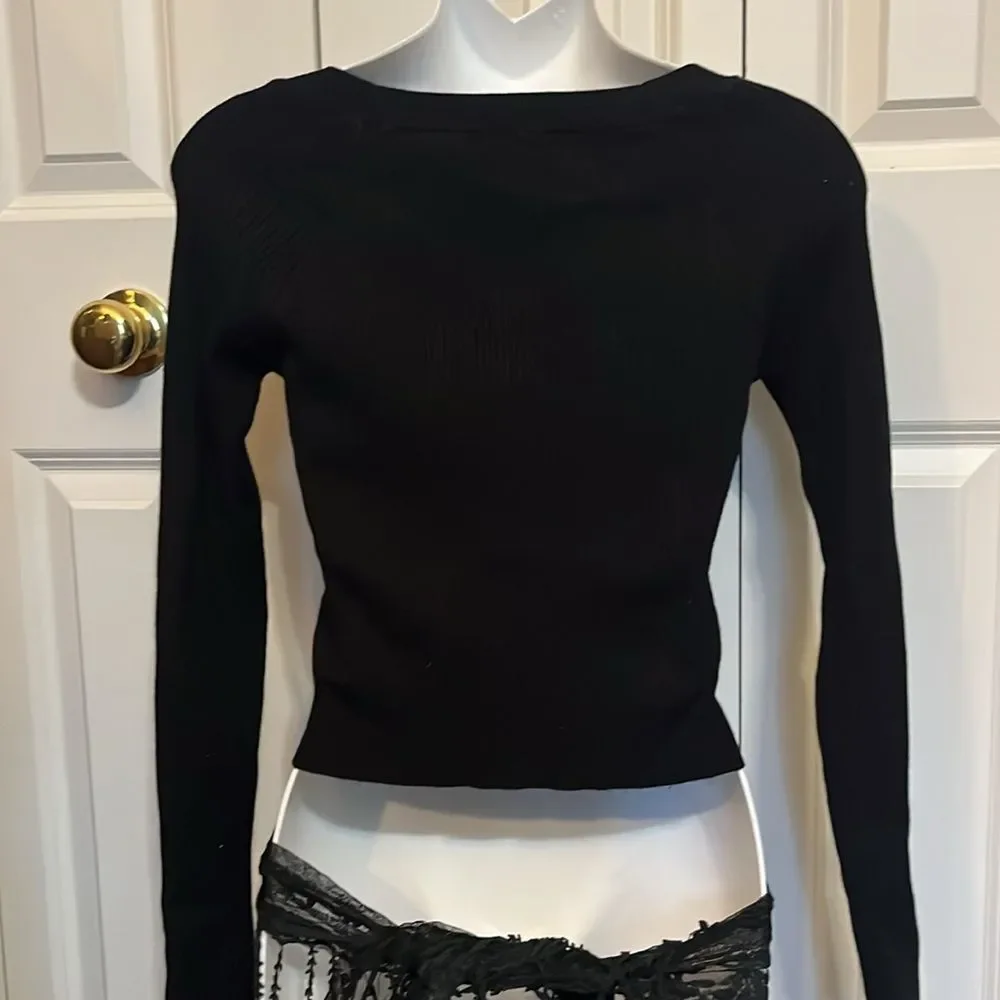 Cropped Ribbed Black Sweater Long Sleeve Crop Top Stretchy Shirt Women’s M